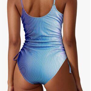 Women's Ruched blue Drawstring One Piece Swimsuit Tummy Control